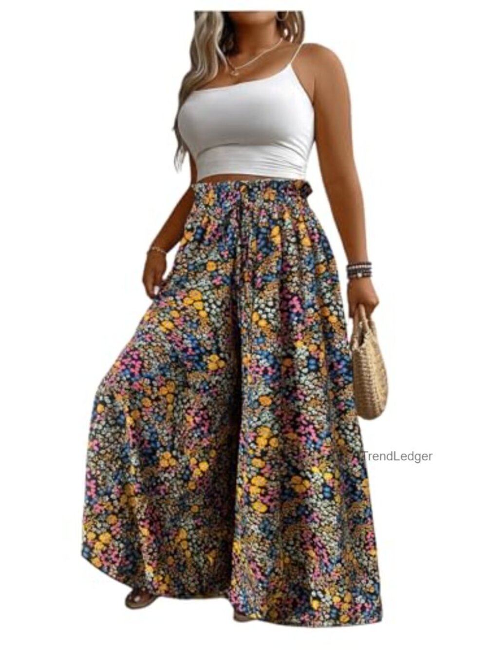 Floral Wide Leg Palazzo Pants High Waisted Drawstring Boho Vacation